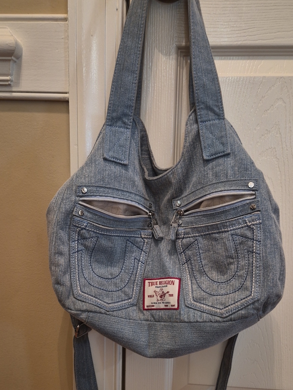 True Religion Light Blue Denim Shoulder Bag with Front Zip Pockets
